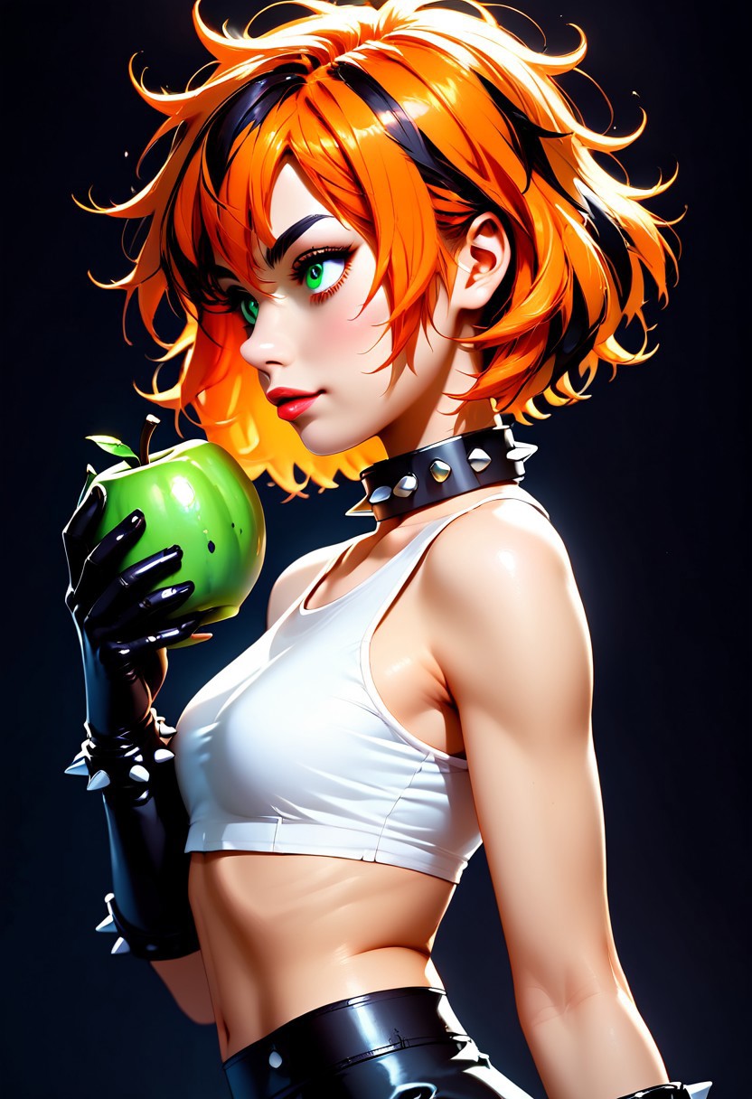 score_9, score_8_up, score_7_up, score_6_up, (masterpiece), ultra detailed, (Fei Vaughna has orange and black striped messy bob hair, green eyes), close-up, focus on face, dark background, (two tone stripes hair, black and orange hair), serene expression, from the side, Fei Vaughna is walking on a dark city street, small crop top shirt, tiny micro mini skirt, spiked thigh boots, spiked elbow gloves, spiked dog collar, full body, holding a green apple