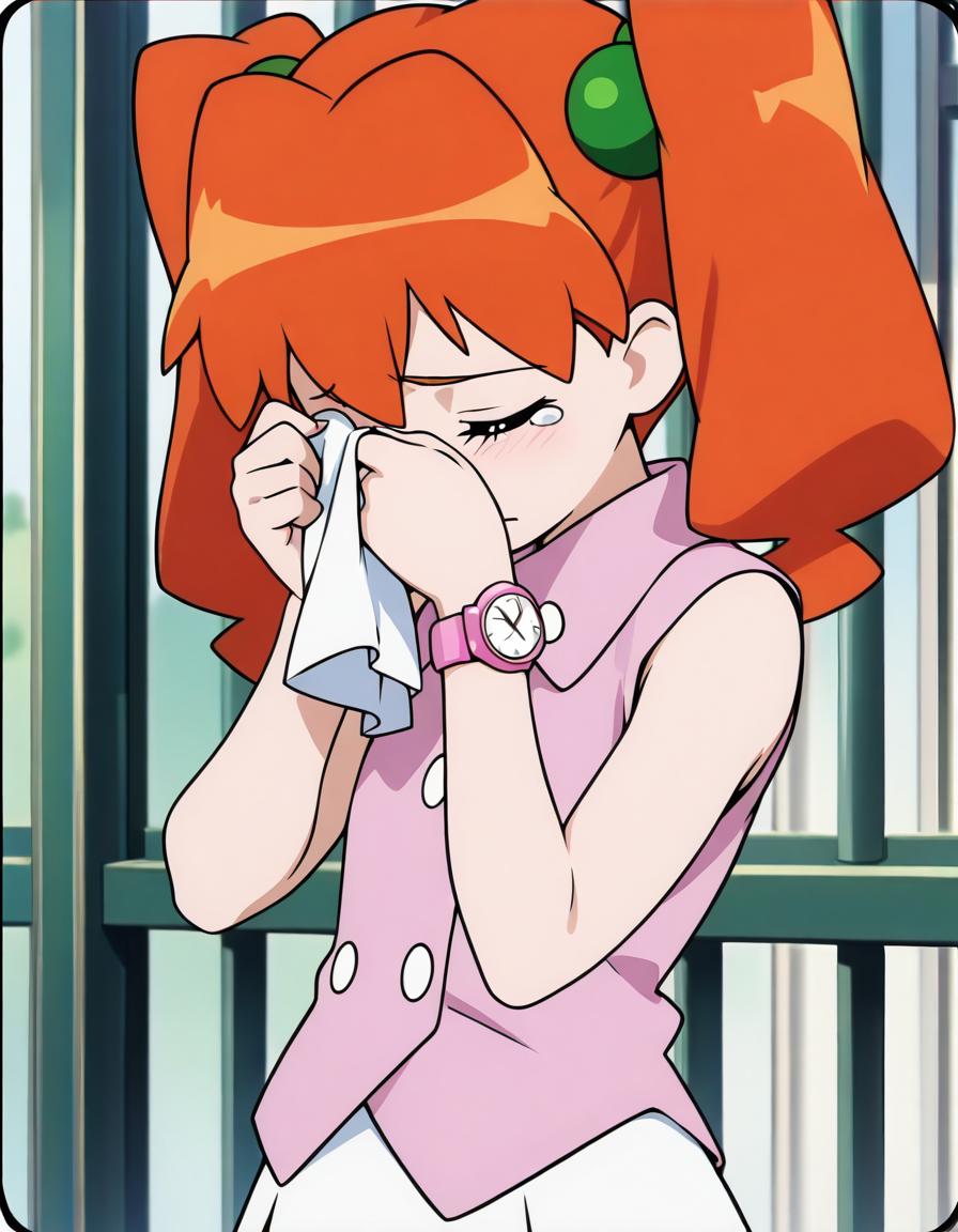 (masterpiece:1.4), (best quality:1.4), very aesthetic,illustration, newest,best quality, amazing quality, very aesthetic, absurdres, 
1 girl,karin_jyunmai,
,twintails, orange hair,female child
pink vest,sleeveless,white skirt,one wrist watch,anime screenshot,official art 
 <lora:karin_jyunmai_v4:1>
upper body,sad,closed eyes,holding white handkerchief,wiping eyes,tears,