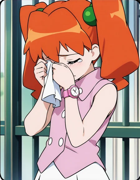 (masterpiece:1.4), (best quality:1.4), very aesthetic,illustration, newest,best quality, amazing quality, very aesthetic, absurdres, 
1 girl,karin_jyunmai,
,twintails, orange hair,female child
pink vest,sleeveless,white skirt,one wrist watch,anime screenshot,official art 
 <lora:karin_jyunmai_v4:1>
upper body,sad,closed eyes,holding white handkerchief,wiping eyes,tears,