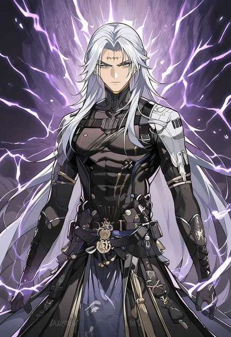 Calcharo, wuthering waves, black clothes,grey eyes, face tattoo,looking at camera, surrounded by purple electricity, detailed, masterpiece, Expressiveh, 8k, uhd,