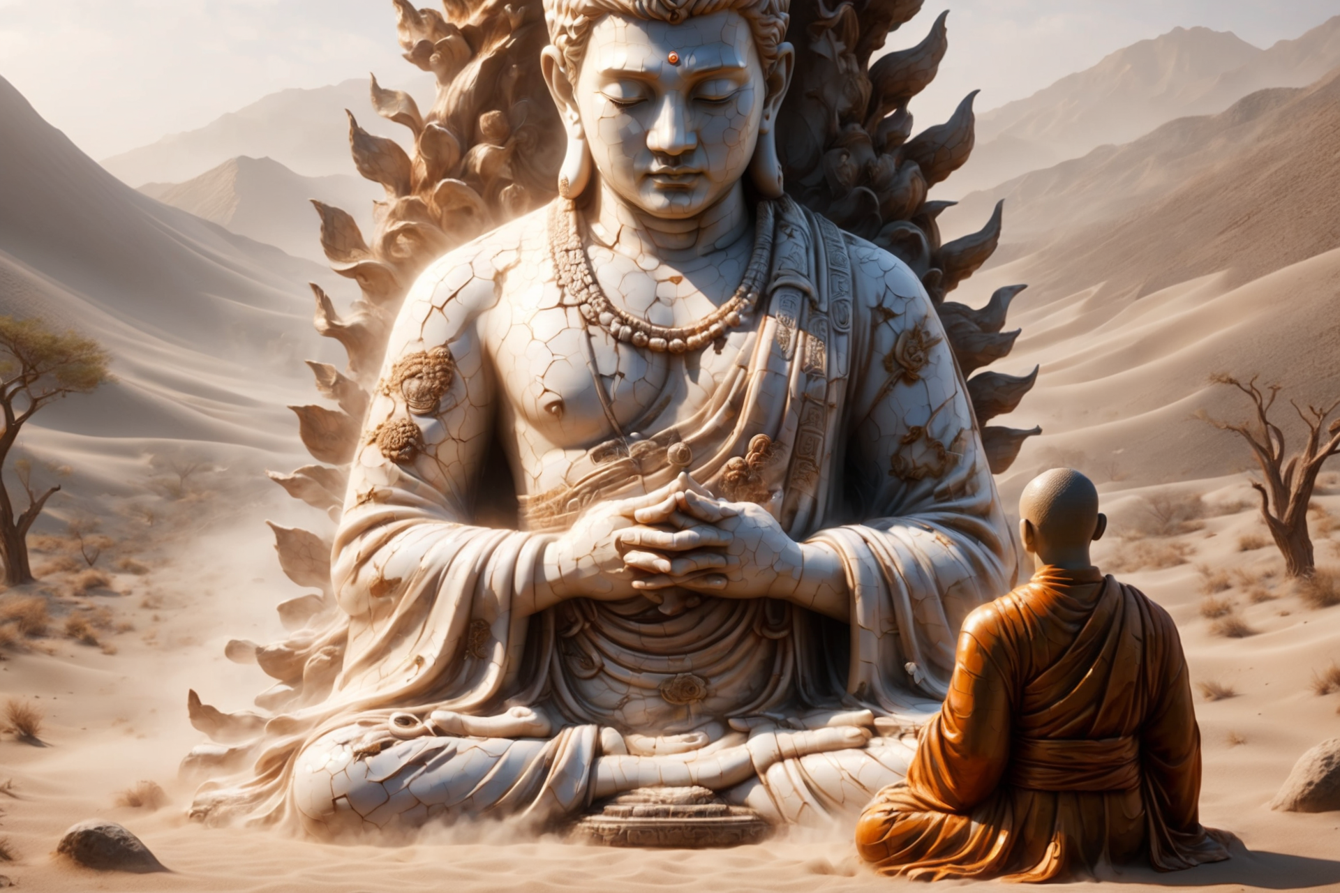 monk praying infront of buddha statue in the desert, dust, <lora:ral-porcelain:1>  ral-porcelain <lora:SDXL_Sacred_beast:0.8> BJ_Sacred_beast, (masterpiece:1.2), best quality, (hyperdetailed, highest detailed:1.2), high resolution textures
