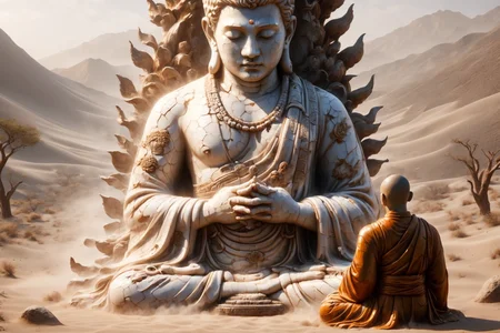 monk praying infront of buddha statue in the desert, dust, <lora:ral-porcelain:1>  ral-porcelain <lora:SDXL_Sacred_beast:0.8> BJ_Sacred_beast, (masterpiece:1.2), best quality, (hyperdetailed, highest detailed:1.2), high resolution textures