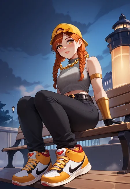 source_anime, score_9,score_8_up, score_7_up,score_6_up, ,AuraFN, girl, long orange braids, gray top, black pants, belt, gold chain, bracers, yellow cap, fingerless gloves, navel, sneakers, cute blush, flirting, night city, from below, sitting, on bench, under the umbrella, fog on the background
