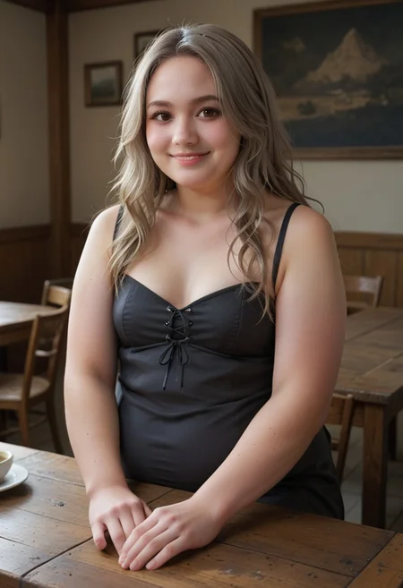 Score_9, score_8_up, 28 years old, kino, brown eyes, cute face, dirty blonde hair, long hair, detailed hair, fine pores, slight smile, no makeup, white pale skin, small breasts, overweight, big tummy, date, a woman sitting at a table, black dress
