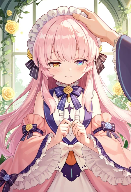 1girl, solo focus, upper body, little girl, <lora:eksistere_ill_v1:1>, eksistere, long hair, pink hair, frill headdress, half close eyes, yellow blue heterochromia, pink dress, white skirt, wide sleeves, bare shoulders, striped bow, yellow blue rose, white bow, happy, smile, blush, floating many heart, 1boy, hand on another's head,
extremely detailed cg, amazing quality, very aesthetic, absurdres, newest,