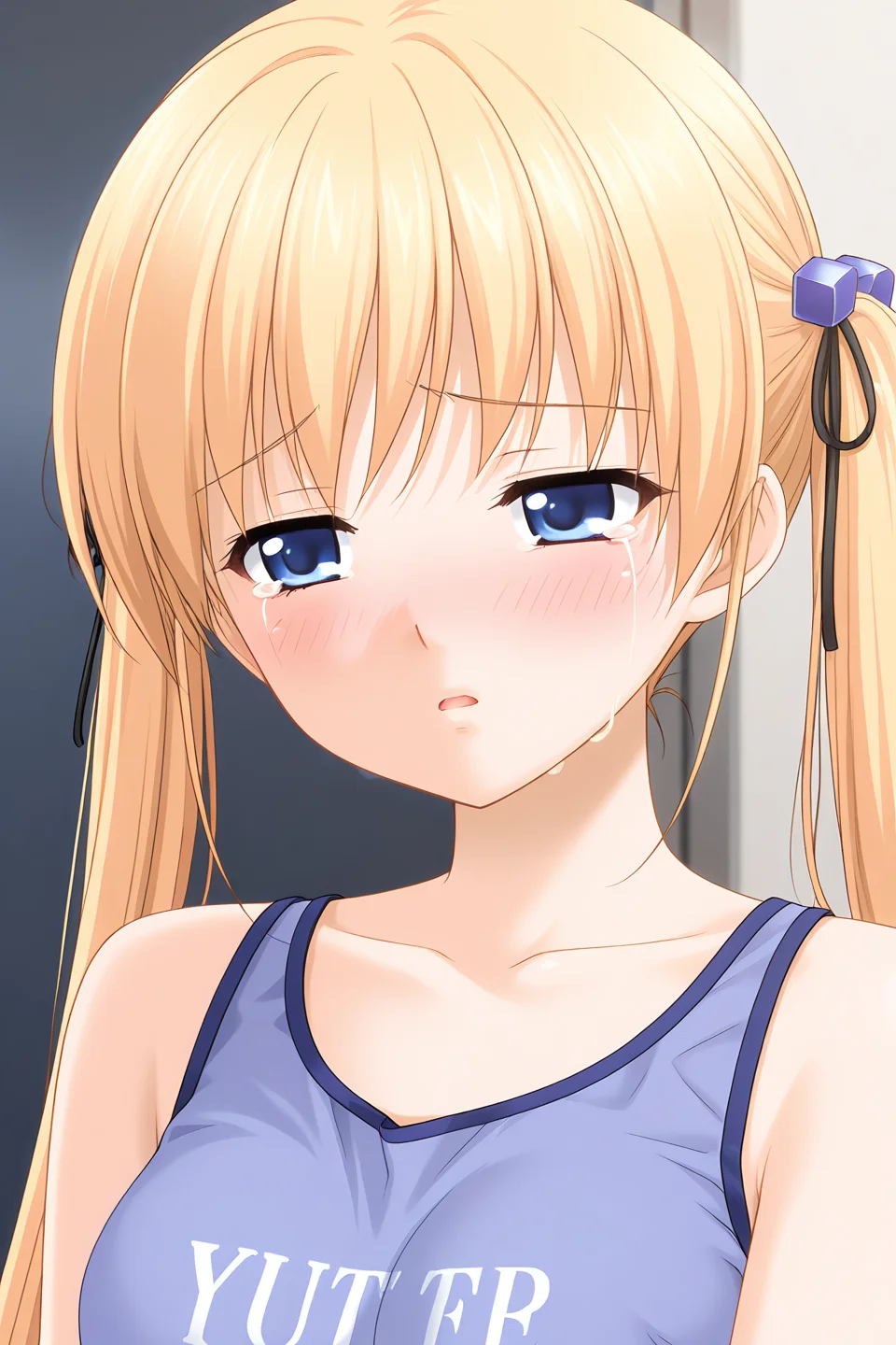 masterpiece, best quality, absurdres, official art, official style, rating general BREAK <lora:mukaimana_IL_v1-1:0.7>, mukai mana, 1girl, solo, blue eyes, blonde hair, long hair, twintails, hair ribbon, black ribbon, cube hair ornament, small breasts, casual, purple tank top, bare shoulders, collarbone, midriff peek, clothes writing, upper body, portrait, close-up,
blush, :o, embarrassed, looking at viewer, open mouth, parted lips, sad, tears