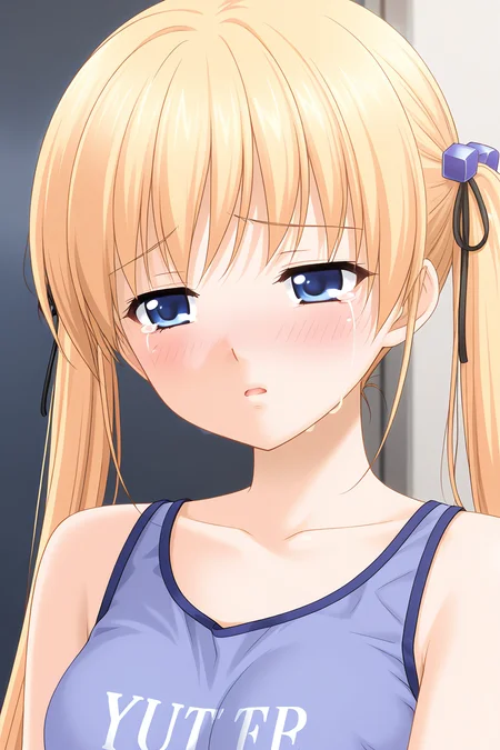 masterpiece, best quality, absurdres, official art, official style, rating general BREAK <lora:mukaimana_IL_v1-1:0.7>, mukai mana, 1girl, solo, blue eyes, blonde hair, long hair, twintails, hair ribbon, black ribbon, cube hair ornament, small breasts, casual, purple tank top, bare shoulders, collarbone, midriff peek, clothes writing, upper body, portrait, close-up,
blush, :o, embarrassed, looking at viewer, open mouth, parted lips, sad, tears