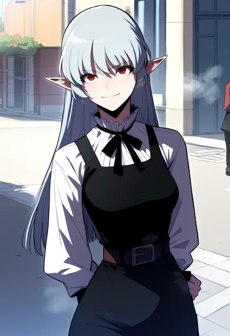 score_9, score_8_up, score_7_up, score_6_up, source_anime, rating_explicit, <lora:neg4all_bdsqlsz_V3.5:2.0>1girl, (solo:1.1), medium breasts, <lora:Alice von Ataraxia youngponyxl:1> long hair, red eyes, grey hair, white hair, pointy ears, black ribbon, neck ribbon, white shirt, long sleeves, black dress, belt, smile, Narrow shoulders, heavy breathing, steaming body, street, outdoors, looking at viewer, close-up