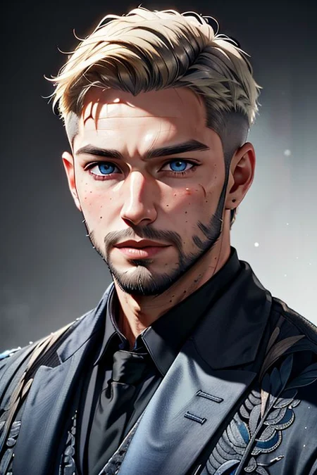Master piece, highest quality, highest possible OverallDetail, semirealistic, blue eyes,
Create an elder of a cultivator sect.
The character looks like he is in his late twenties or early thirties. He is handsome.
He is bald and has a blond beard.
His eyes are blue. Detailed face.