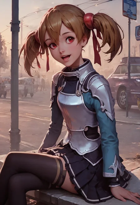 score_9, score_8_up, score_7_up, 1girl, silica, solo, skirt, brown hair, open mouth, red eyes, thighhighs, breastplate, twintails, white background, black skirt, pleated skirt, armor, smile, ribbon, skirt, thighhighs, breastplate, black skirt, pleated skirt, armor,, black thighhighs, rminiskirt, bus stop, public place nighttime vibrant lighting, street lights, high contrast, dramatic shadows, highly detailed, detailed skin, depth of field, tilted angle, moody lighting, exy pose,professional lighting, perfect quality, high quality, photorealistic, sitting, (((supermodel))),((goddess))