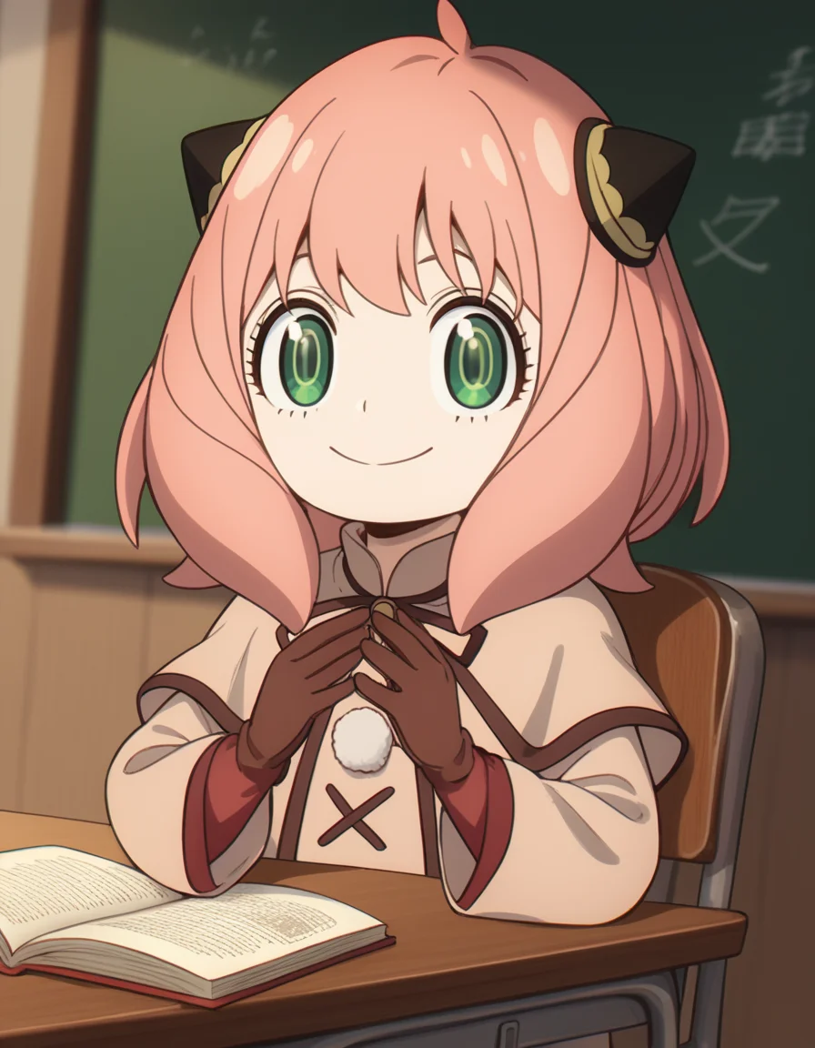 score_9, score_8_up, score_7_up, source_anime, <lora:anya-forger-movie-ponyxl-lora-nochekaiser:1>, anya forger, anya (spy x family), bangs, green eyes, pink hair, ahoge, child, female child, hairpods,, gloves, long sleeves, ribbon, brown gloves, capelet, robe,, classroom, chalkboard, day time, studying, sitting, chair, desk,, smile, looking at viewer, hands on own chest,, solo,, cowboy shot, dutch angle,