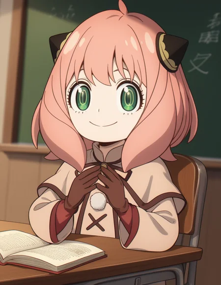 score_9, score_8_up, score_7_up, source_anime, <lora:anya-forger-movie-ponyxl-lora-nochekaiser:1>, anya forger, anya (spy x family), bangs, green eyes, pink hair, ahoge, child, female child, hairpods,, gloves, long sleeves, ribbon, brown gloves, capelet, robe,, classroom, chalkboard, day time, studying, sitting, chair, desk,, smile, looking at viewer, hands on own chest,, solo,, cowboy shot, dutch angle,