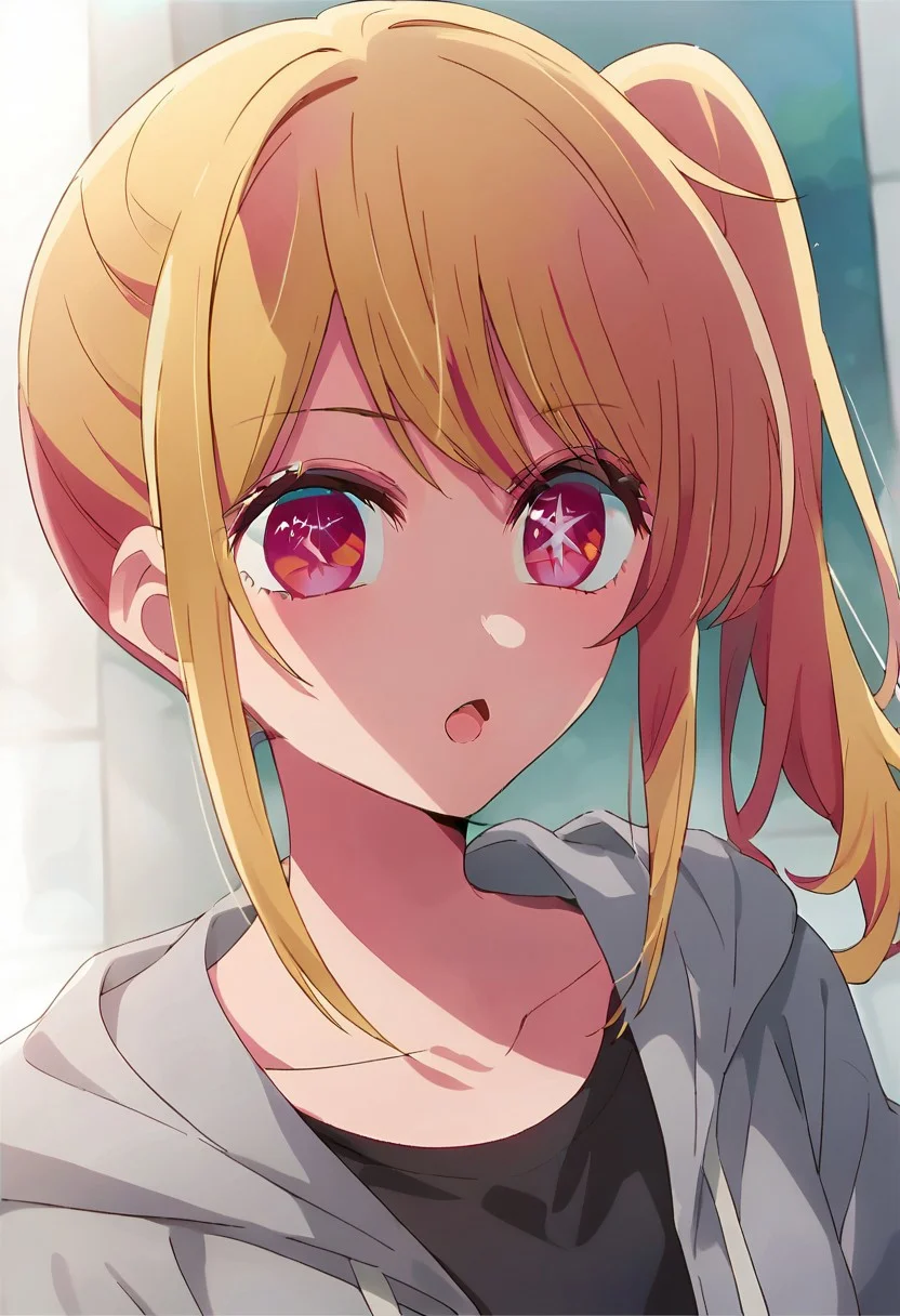 score_9, score_8_up, score_7_up, source_anime,hoshino ruby, star-shaped pupils, 1girl, solo, long hair, looking at viewer, open mouth, blonde hair, shirt, collarbone, jacket, upper body, sidelocks, hood, pink eyes, side ponytail, black shirt, hoodie, hooded jacket, cake