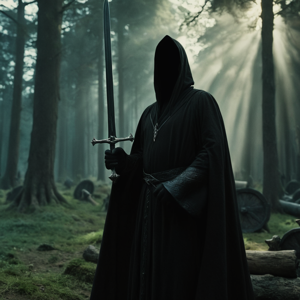 cinematic film still of  <lora:The Lord of the Rings style v2:1>
In a Fantasy Middle-earth world in the dark ages Nazgul Ringwraiths a faceless grim reaper person in a black robe holding a sword,Black Riders and also called Ringwraiths,Dark Riders,the Nine Riders,or simply the Nine,solo,1boy,holding,standing,weapon,male focus,sword,hood,holding weapon,blurry,tree,blurry background,holding sword,gauntlets,nature,facing viewer,cloak,hood up,forest , dramatic light, dramatic shadow light, film contrast, cinematic film color, cinematic film look, filmic, realistic, realism, perfection, perfect, movie still, fantasy drama, epic drama, fictional, Age of Wonders, Age of Empires, warriors,  Medieval style, middle ages, dungeons and dragons style, four horsemen of the apocalypse, different people, different, unique, kingdoms and castles, violent, aggressive, detailed, perfection, detailed face, detailed body, detailed hands, detailed eyes, sharp, horror themed, dark themed, epic fantasy adventure film style, Legendary, mythical, The Lord of the Rings style, shallow depth of field, vignette, highly detailed, high budget, bokeh, cinemascope, moody, epic, gorgeous, film grain, grainy