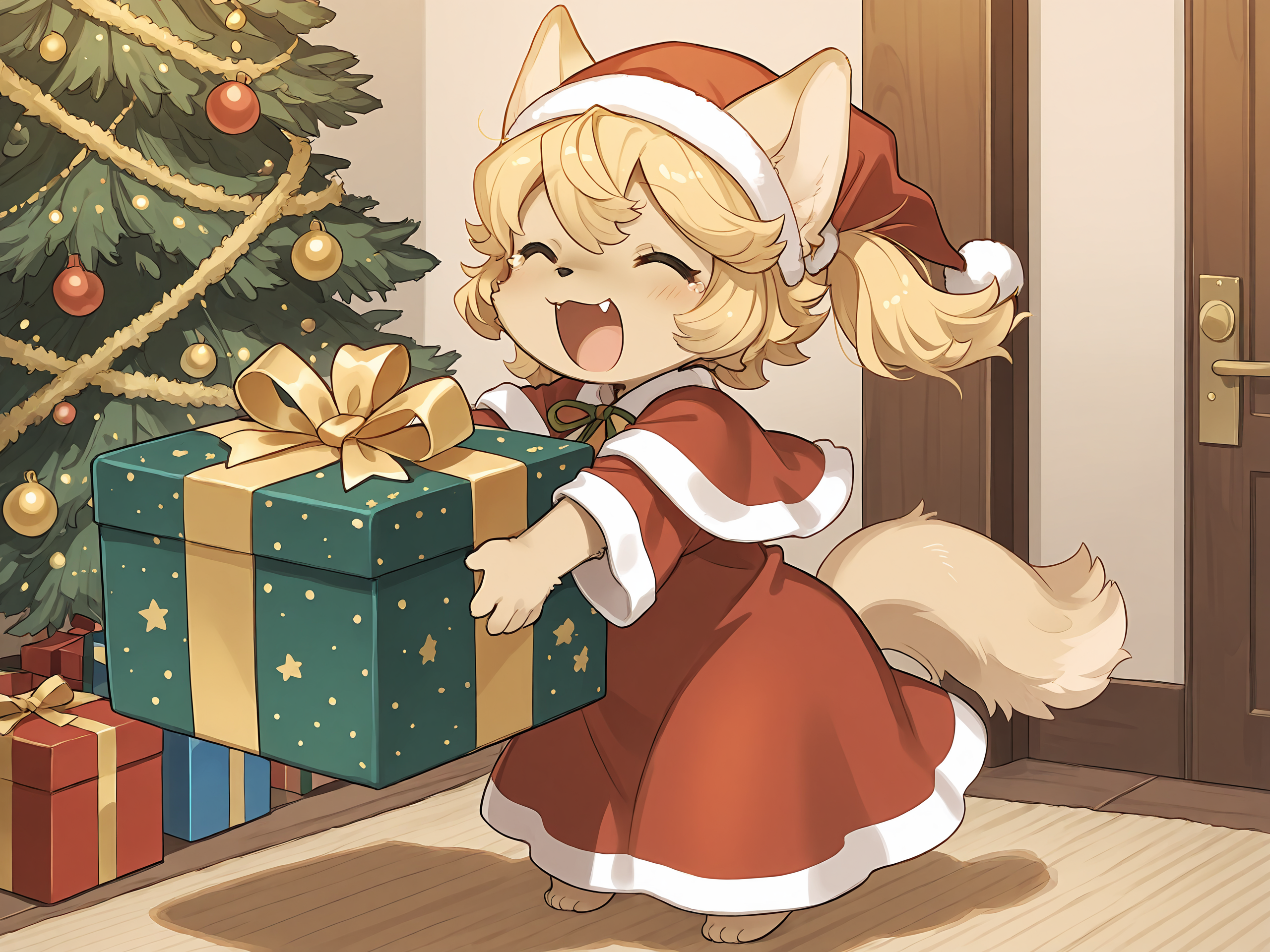 masterpiece, best quality, (absurdres), (highest quality), amazing quality, very aesthetic, no humans,
BREAK, <lora:Mei_Marzipan_Illustrious_V1:1>, mei marzipan, fuga: melodies of steel, kemono, furry female, 1girl, child, beige fur, blonde hair, yellow eyes, dog girl, animal ears, dog tail, dog ears, twintails, bangs,
BREAK,christmas outfit, red dress, santa hat, holding big present,
BREAK, (solo), full body, christmas eve, screaming, excited, closed eyes, happy, inside, christmas tree,