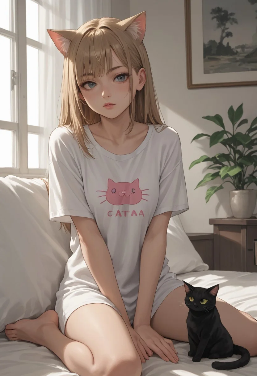 score_8_up, score_7_up, source_anime, 1girl, catgirl, cat ears, :3, indoors, cat, cat print