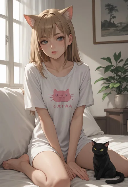 score_8_up, score_7_up, source_anime, 1girl, catgirl, cat ears, :3, indoors, cat, cat print