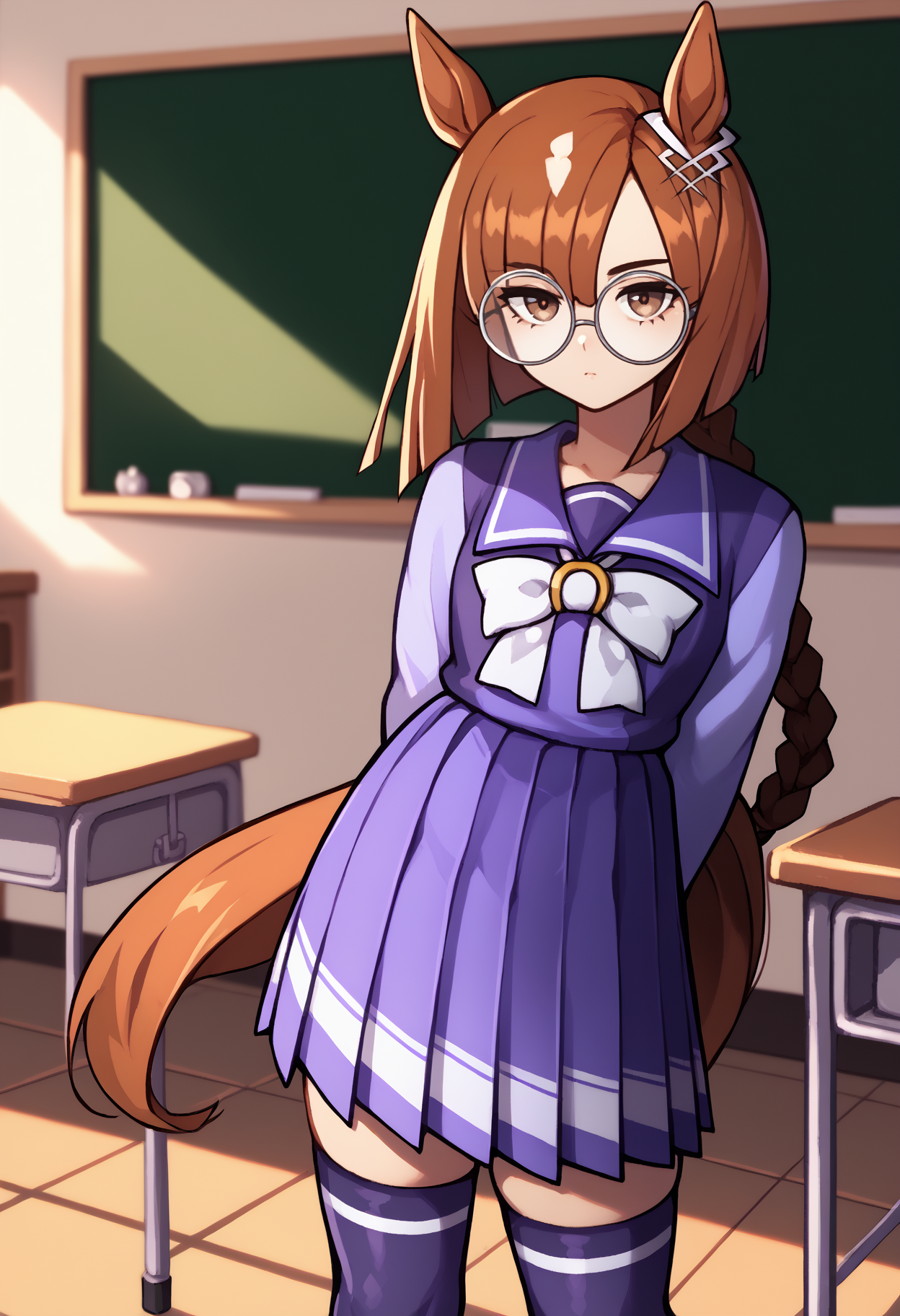 score_9, score_8_up, score_7_up, <break> solo, 1girl, ikuno dictus, horse tail, expressionless, looking at you, standing, arms behind back, long hair, multicolored hair, brown hair, asymmetrical bangs, braided ponytail, single braid, animal ears, ear ornament, brown eyes, glasses, round eyewear, wintertracen, school uniform, purple serafuku, purple shirt, sailor collar, white bow, long sleeves, purple skirt, pleated skirt, purple thighhighs, indoors, classroom
<segment:yolo-face_yolov8m.pt,0.4,0.5//cid=1>