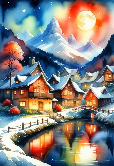 Watercolor art. Fantasy village. Mountain landscape. Starry night sky. Waterfall. Lake. Warm, glowing lights of the houses. Christmas decoration. cozy and welcoming atmosphere. Snow capped mountains and full moon. Charming half-timbered houses. Intricate details. Work by Ivan Shishkin to Yoshitaka Amanos.
perfection style, vivid colors, colorful, vivid background, midjourneyv6.1, ral-wtrclr
