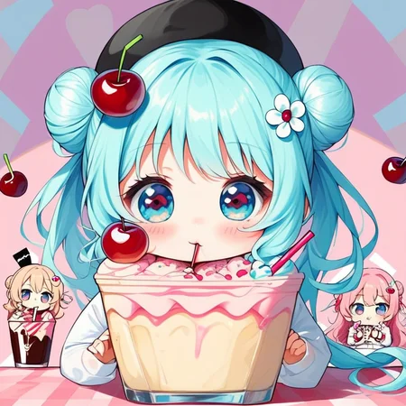 pink hair, cherry, black headwear, aqua hair, from front, heart hair ornament, hair flower, heart, ponytail, :p, white shirt, chibi milkshake, hair bun, bangs, blue hair, double bun, candy, drinking straw, long sleeves