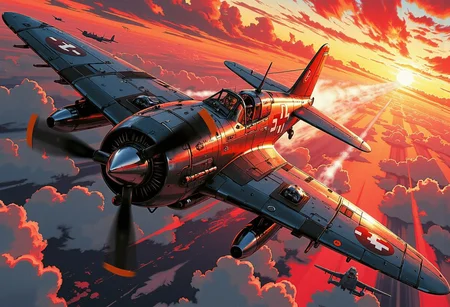 "In the style of CK-MGS, a stunning digital artwork captures a futuristic, highly advanced stealth fighter soaring rapidly through a surreal, dramatic dawn sky. The sky is alive with swirling, dramatic clouds, painted in fiery orange and deep shadows, adding depth and intensity to the composition. The scene evokes both modern innovation and heroic action, blending hyper-detailed 2D illustrator techniques with epic, cinematic flair.
WWII wingspan Fighter Focke-Wulf Fw 190 Würger in Action. The fuselage, forged from dark gunmetal alloy, reflects subtle gradients of the red horizon, while glowing LED lights illuminate the cockpit’s sleek, angular design. A large propeller wingspan the front, emphasizing the fighter’s power and aerodynamic precision.
Echoing the dynamic energy of the Focke-Wulf Fw 190 Würger ("shrike") in action, the artwork masterfully combines ultra-realistic details, rich textures, and atmospheric realism. The result is a masterpiece-worthy, high-quality wallpaper, exuding both power and artistry."