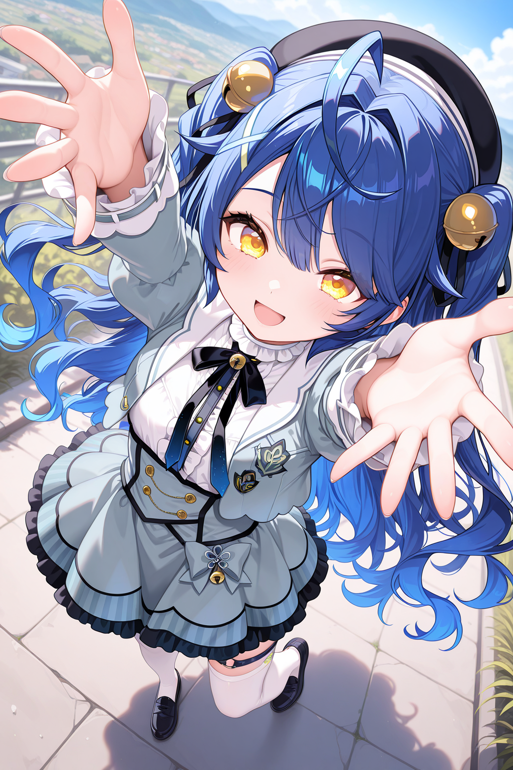 1girl, AmamiyaKokoroNijisanji,
general, solo, perspective, dynamic angle, from above,
long hair, blue hair, two side up, wavy hair,
eyelashes, yellow eyes, 
black headwear, x hair ornament, hair bell,
grey jacket,
puffy sleeves, frilled sleeves,
cropped jacket,
breasts, open jacket, 
neck bell, white shirt, 
grey dress, 
thigh strap, white thighhighs, loafers, 
smile, open mouth, arms up, open hands,
outdoors,
<lora:kp_AmamiyaKokoroNijisanji1stCostumeIllustrious_v1_0:1.0>,
masterpiece, best quality, amazing quality