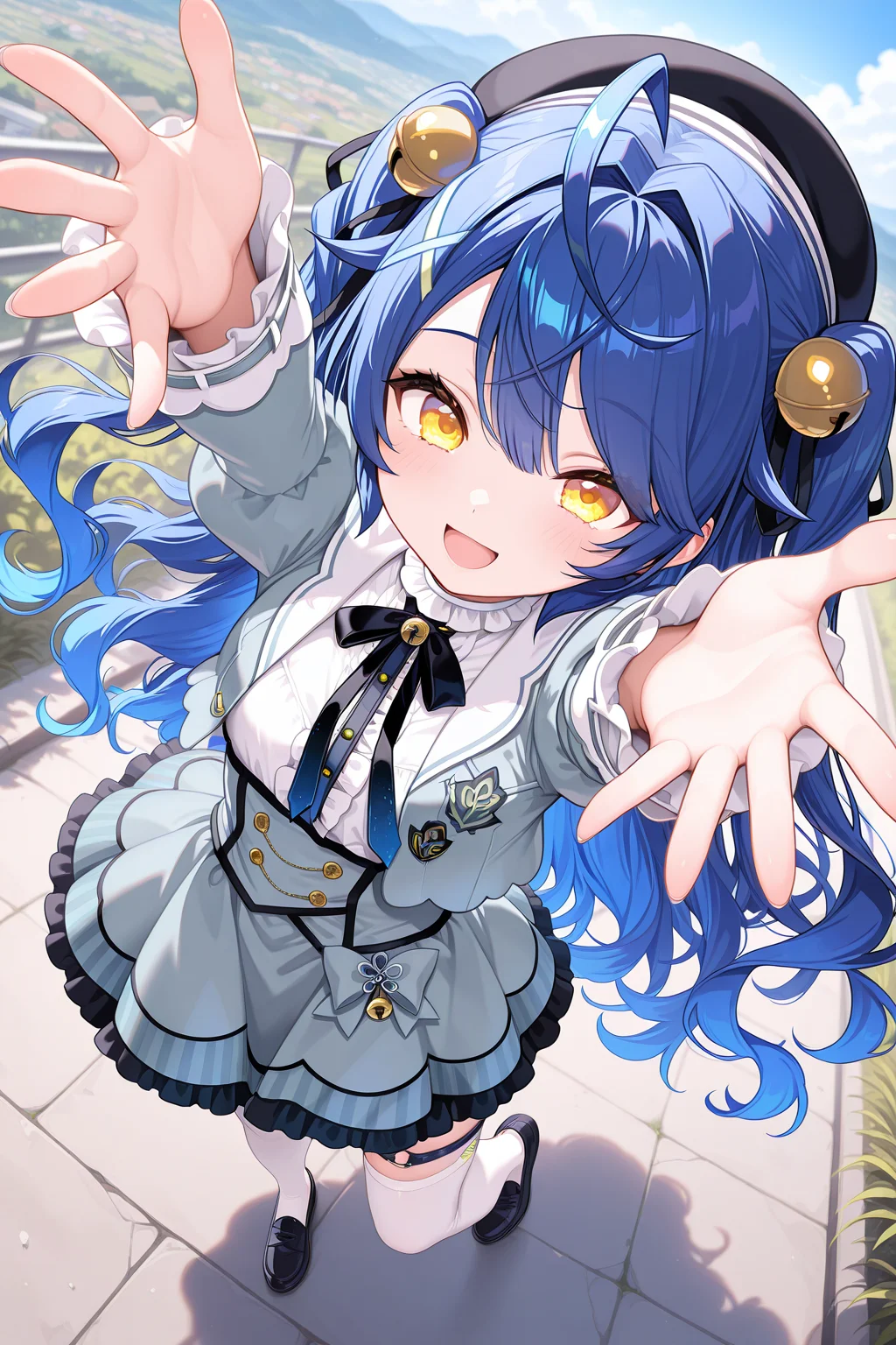1girl, AmamiyaKokoroNijisanji,
general, solo, perspective, dynamic angle, from above,
long hair, blue hair, two side up, wavy hair,
eyelashes, yellow eyes,
black headwear, x hair ornament, hair bell,
grey jacket,
puffy sleeves, frilled sleeves,
cropped jacket,
breasts, open jacket,
neck bell, white shirt,
grey dress,
thigh strap, white thighhighs, loafers,
smile, open mouth, arms up, open hands,
outdoors,
<lora:kp_AmamiyaKokoroNijisanji1stCostumeIllustrious_v1_0:1.0>,
masterpiece, best quality, amazing quality
