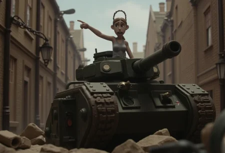 A claymation animation of Jinx standing on top of a massive Leman Russ battle tank as it speeds through a narrow street. Jinx has a manic expression on her face. She is pointing ahead with her finger just above the viewer's eyes.  the battle tank is speeding straight towards the viewer.  Ruin and destruction can be seen in the narrow street in the wake of the battle tank
