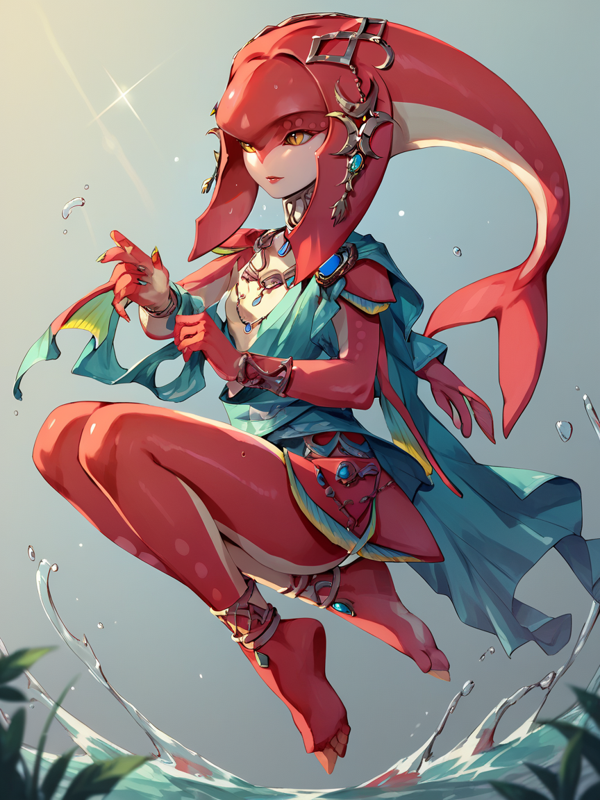 score_9, score_8_up, score_7_up, score_6_up, score_5_up,   <lora:miphaXLP:1> mipha, 1girl, zora, red skin, solo, yellow eyes, anklet, water
