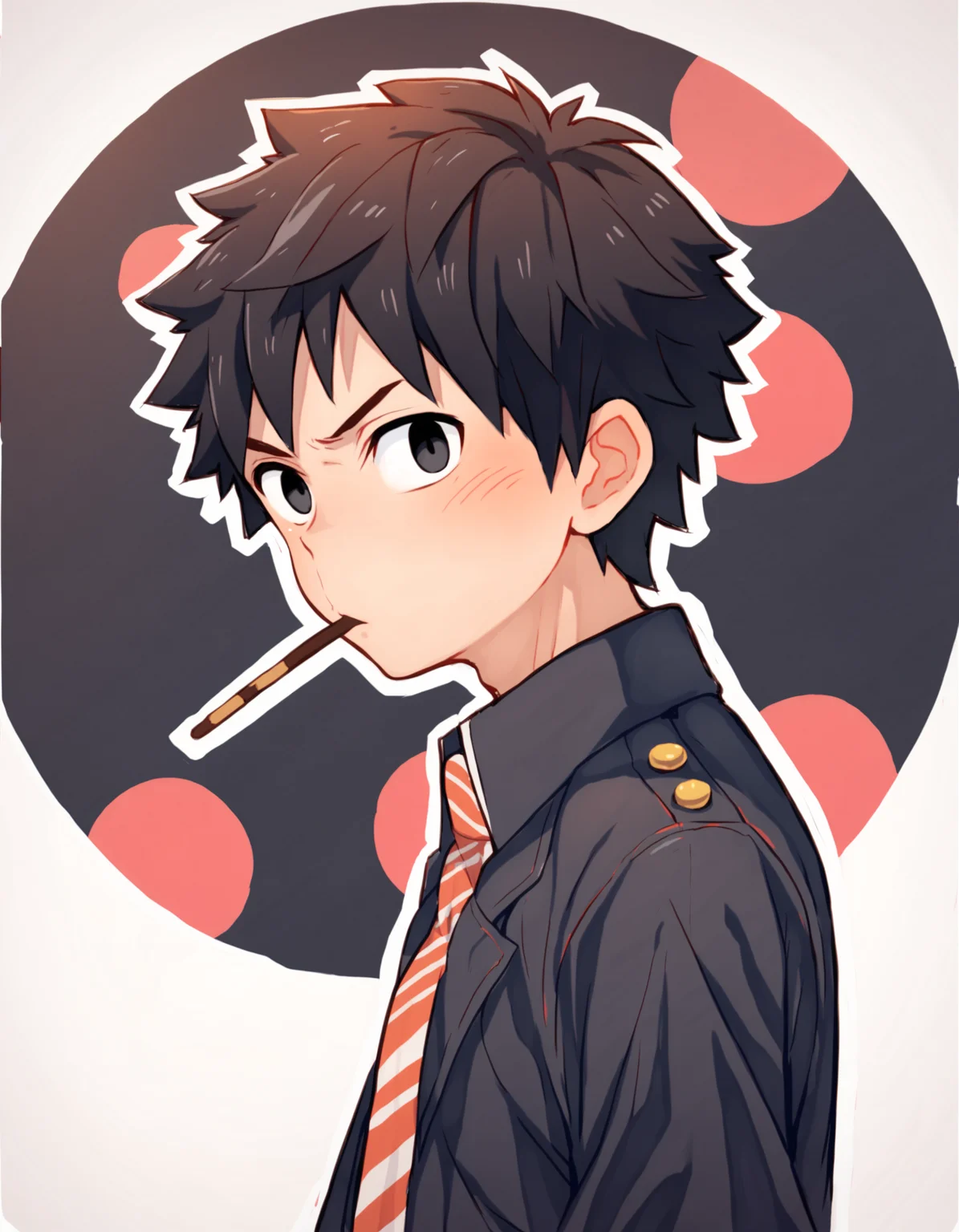 score_9, score_8_up, score_7_up, score_6_up, source_anime, circle background, simple background, white border, from side, 1boy, black hair, black eyes, looking at viewer, pocky in mouth <lora:maruikotatsu-amxl-v1b-ShoAI:1>