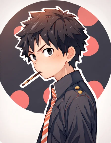score_9, score_8_up, score_7_up, score_6_up, source_anime, circle background, simple background, white border, from side, 1boy, black hair, black eyes, looking at viewer, pocky in mouth <lora:maruikotatsu-amxl-v1b-ShoAI:1>