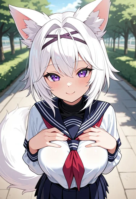 pov, solo, woman, filian, purple eyes, white hair, fox ears, school uniform, tail, smile, hands on the chest, outdoor, high quality, best quality, masterpiece, 4k resolution, anime
