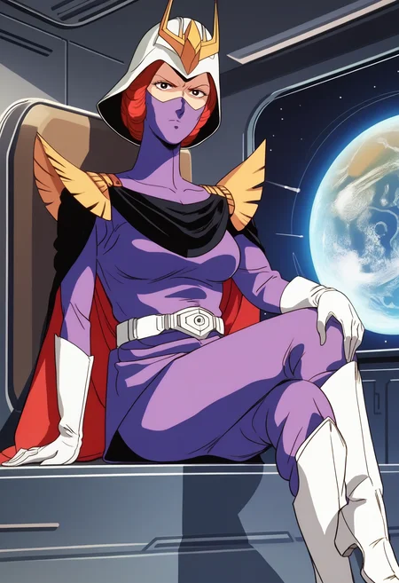 score_9, score_8_up, score_7_up, score_6_up, anime screencap, anime coloring, <lora:FGKycilia:0.9>, FGKyciliaM, 1girl, solo, red hair, helmet, mask, no ears, black eyes, breasts, 
military uniform, belt, cape, white gloves, pants, knee boots, 
looking at viewer, sitting, crossed legs, serious, v-shaped eyebrows, 
BREAK spacecraft interior, window, space,