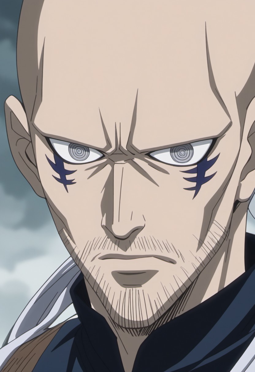 score_9, score_8_up, score_7_up, source_anime, rating_safe, Eritail, bald, Erigor Oracion eyes, blue Erigor facial mark, 1boy, male focus, anime screencap,