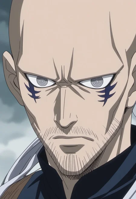 score_9, score_8_up, score_7_up, source_anime, rating_safe, Eritail, bald, Erigor Oracion eyes, blue Erigor facial mark, 1boy, male focus, anime screencap,