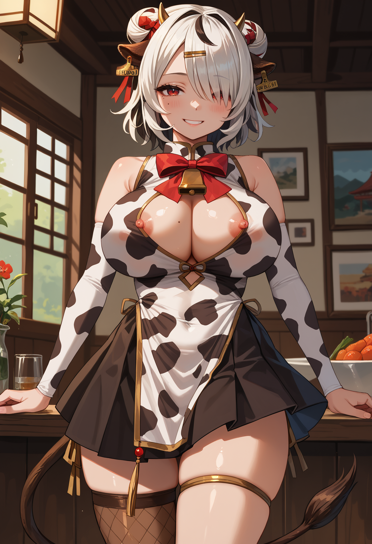 score_9,score_8_up,score_7_up,detailed,1girl,jelomrta,oiled body,huge breasts,nipples,single thighhigh,brown thighhighs,gold thighlet,indoors,standing,white hair,streaked hair,black hair,hair intakes,double bun,hair over one eye,short hair,hair ribbon,hairclip,red eyes,mole under eye,mole on breast,cow horns,cow ears,ear tag,china dress,short dress,open dress,cow print,red bowtie,neck bell,detached sleeves,pelvic curtain,pleated skirt,black skirt,side-tie peek,cow tail,looking at viewer,seductive smile,<lora:Marota-JeloXL-000007:1>,