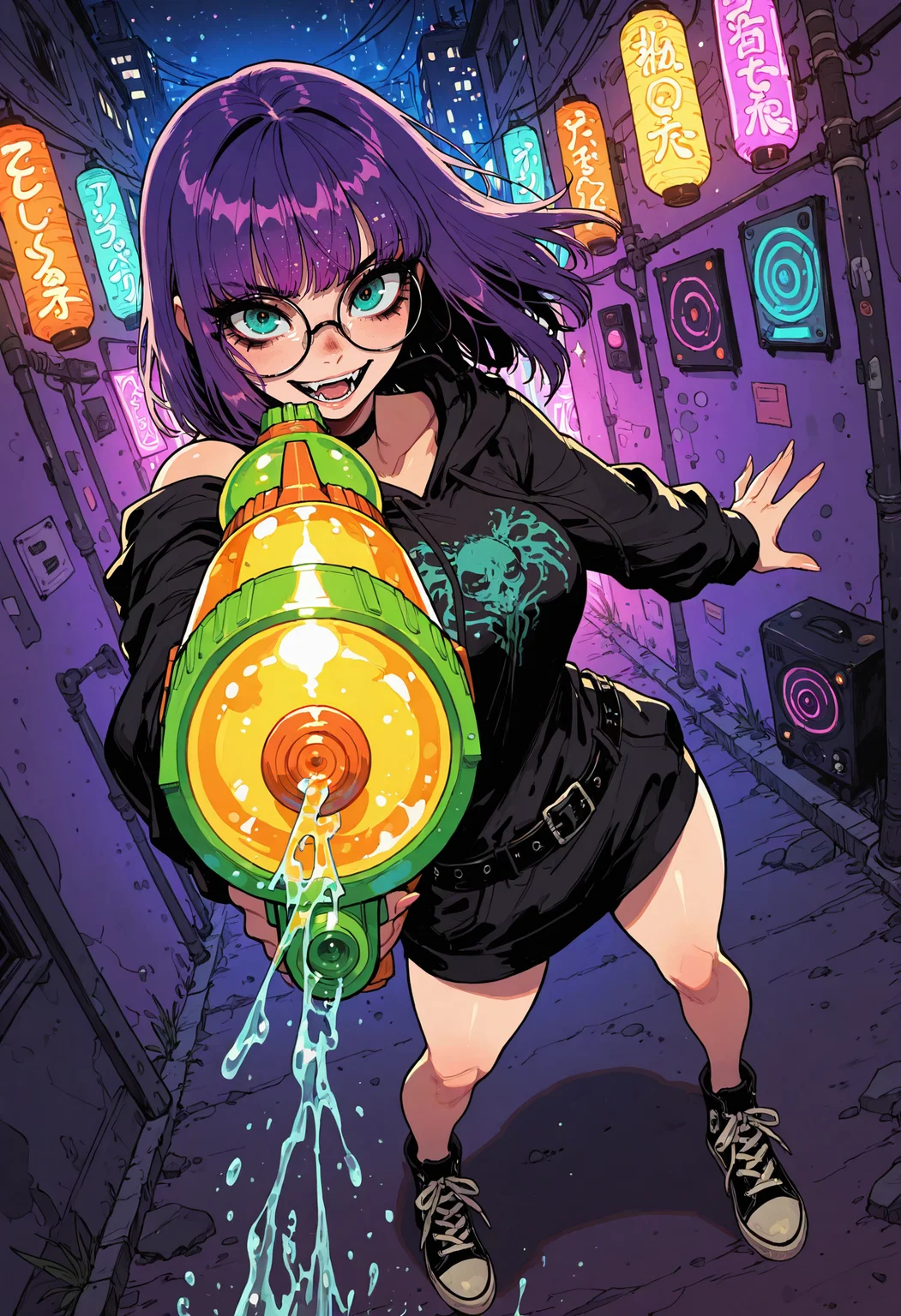 score_9, score_8_up, score_7_up, masterpiece, best quality, very aesthetic, detailed face, (dynamic:1.2), stylized, illustration, dynamic pose, (nsfw:1.2), girl, small nose, highres, absurdres,<lora:ck-shadow-circuit-IL:0.4> in the style of cksc, <lora:mon_monmon2133:0.2> <lora:Rapscallion_Illustrious:0.25> Rapscallionstyle, <lora:incoth:0.25> incoth, (incase:0.6), <lora:r17329_illu:0.35> r17329_illu, <lora:perspective:0.65>, striking angle, perspective, (girl:1.3), (medium breasts, curvy, purple hair, large round glasses, teal eyes, straight hair, medium hair:1.2, bright smile, :D, fangs, glittering eyes), (black oversized hoodie, off shoulder, torn pantiehose, goth, black waistbelt, standing), (artsy, nighttime, colorful lights, festival lighting, atmospheric:1.2)âââ, (water gun game:1.2), (squirt gun game), shooting at target, target shooting, squirting water, shooting watergun, neon Lights, colorful lanterns, shooting stance, black converse shoes