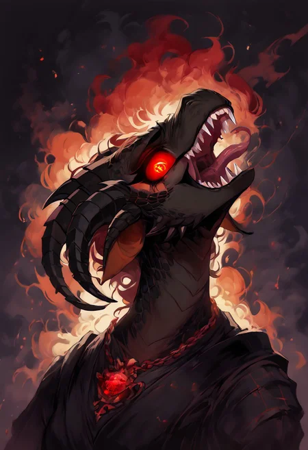 score_9, score_8_up, score_7_up, (4k quality, high resolution, additional details), full body, in full growth, realistic anatomy, <lora:Dark_Aura_for_Pony:1> dark aura, 1 girl, female dragon, anthropomorphic dragon, armor, black demonic wings on his back, wizard, female, black scales, predatory fiery red eyes (detail), vertical pupil, black tears, four black horns on the head, (medium breast, natural breast), scales in cracks, (head tilt), head tilted back, <lora:shaft_head_tilt-PD-1.0:1>, shaft head tilt, open mouth, abstract background, glowing eyes, fangs, grin, tongue out, snake tongue, gloomy colors, dark aura, horror