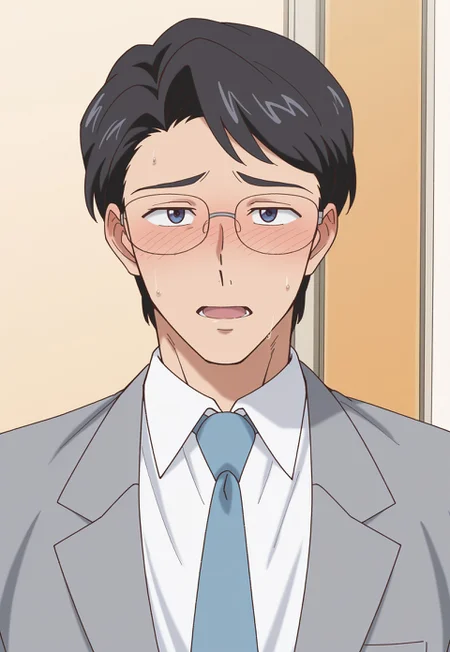 score_9, score_8_up, score_7_up, score_6_up, perfect anatomy, perfect proportions, best quality, masterpiece, high_resolution, high quality, highres, bara, 1boy, solo focus, solo, mature, masculine, manly, hunk, virile, handsome, charming, alluring, source_anime, anime coloringupper body, BREAK kenji_tsukino, black hair, short hair, dark blue eyes, grey suit, blue necktie, glasses, expressive face, newest, seductive_pose, looking at viewer, nervous expression, sweat, cute, blush, open mouth