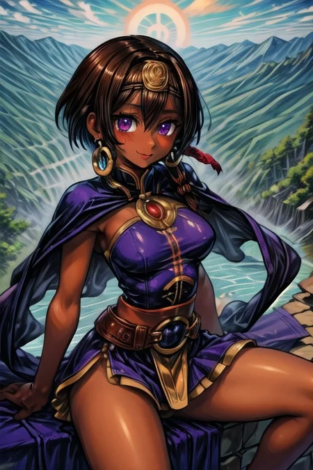 (best quality) , (highly detailed) ,masterpiece ,absurdres ,detailed face ,beautiful face ,(detailed eyes, deep eyes, anime eyes) ,1girl , solo, upper body, slight smile, small breasts
najaran_culdept, earrings, dark-skinned female, dark skin, purple eyes, brown hair, short hair, black hair, dark-skinned female, dark skin, hair ornament,dress, headband, jewelry, belt, cape, hoop earrings, blue skirt, brown shoes, Cape, Smile, Happy, spread legs