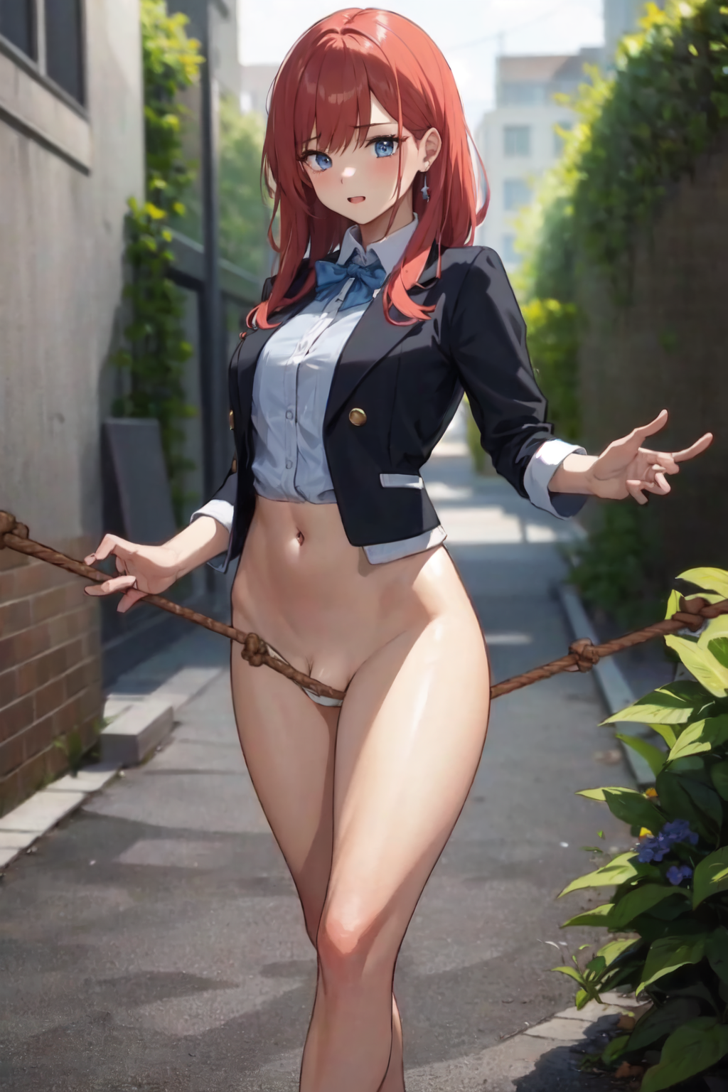 best quality, masterpiece, 1girl, <lora:ropeWalking-000015:1>, (crotch rope walking:1), (from side:0.5),