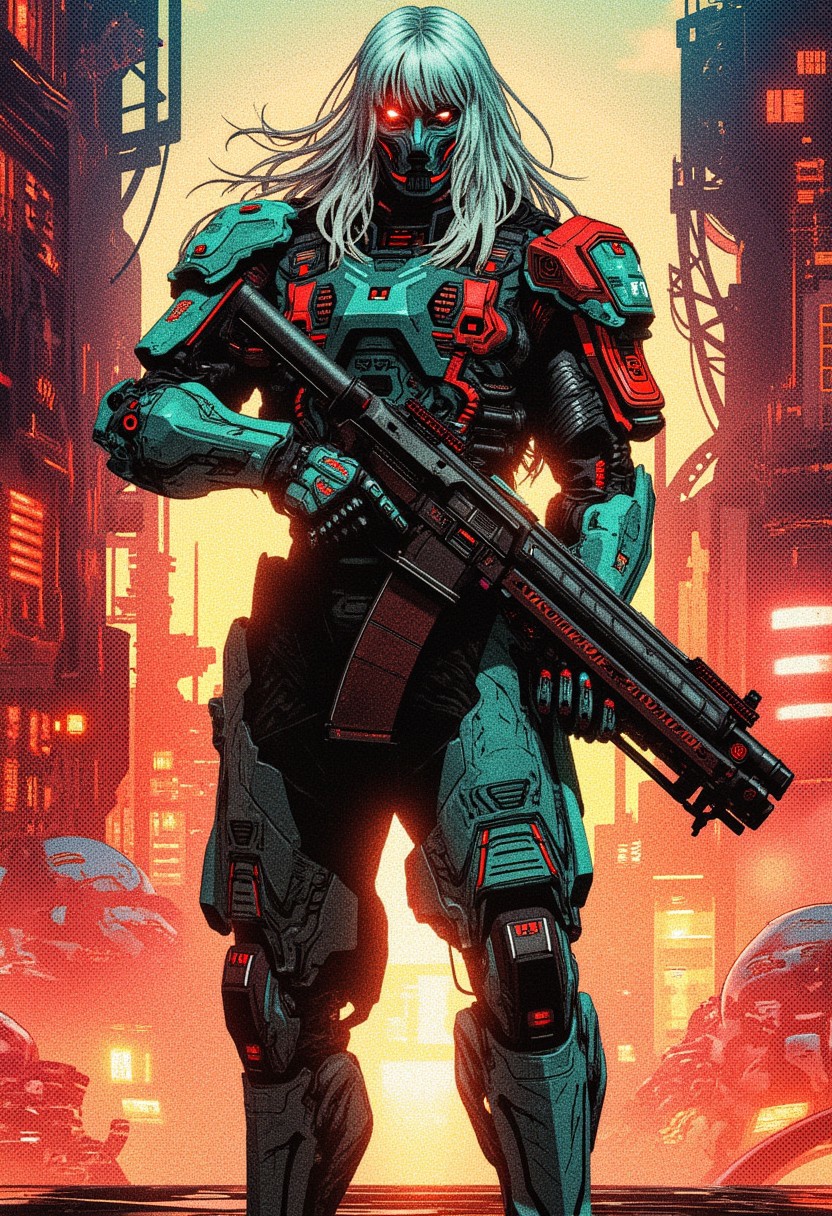 Abstract digital painting in the style of ck-js, concept art, futuristic, cyberpunk cyborg faceless warrior, teal and red power armour, long flowing silver hair, bangs, standing on street of futuristic sci-fi city, holding large laser rifle, towers, domes and skyscrapers, sunset, rule of thirds, perfect lighting, sunset, HD32K, wallpaper, hyperdetailed