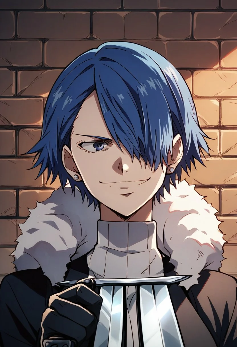 score_9,score_8_up,score_7_up,source_anime, Ethel Borgnine,solo,smile,gloves,1girl,holding,jewelry,blue hair,weapon,earrings,fur trim,knife,brick wall,