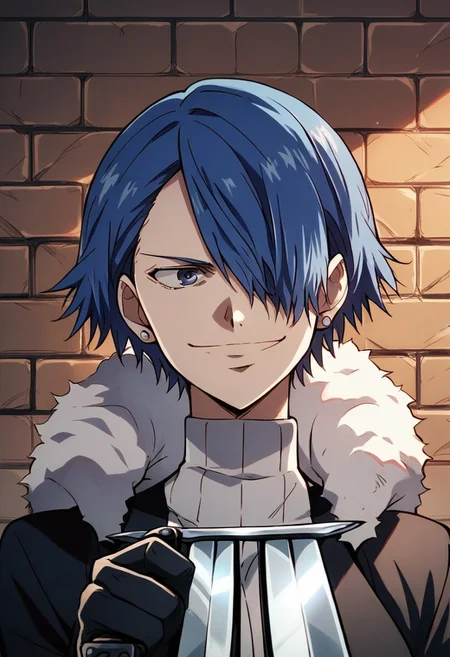 score_9,score_8_up,score_7_up,source_anime, Ethel Borgnine,solo,smile,gloves,1girl,holding,jewelry,blue hair,weapon,earrings,fur trim,knife,brick wall,