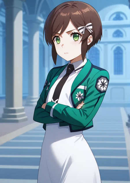 score_9, score_8_up, score_7_up, score_6_up, rating_explicit, source_anime, cinematic shadow, cinematic light, cute and sensitive, soft skin, characters focus, detailed eyes, detailed skins, <lora:StS_age_slider_v1_initial_release:-1>, <lora:StS_detail_slider_v1:3> , <lora:Saegusa_Kasumi:1> kasumi,bangs, brown hair,short hair with long locks, hair bow, green eyes,cowboy shot, , 1girl,school uniform, sleeveless white dress, black necktie, green jacket, solo,crossed arms,