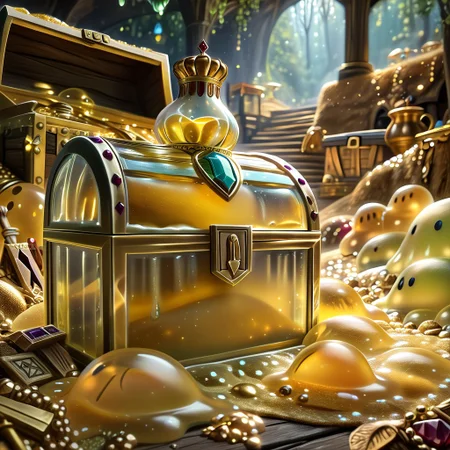 chalice made out of slime, fancy cup made out of slime, fancy chalice made out of slime, Detailed chalice made out of gold slime, Gem-studded slime chalice, multi-colored gems made out of slime, in a room of treasure made out of slime, gold coins and bars made out of slime, wood-like treasure chest made out of slime, wood-colored slime chest,
treasure-room, treasure, treasure chest, gemstone, coins, gold bars, gold pile,
everything made of slime, No simple background,
((translucent slime)), ((transparent slime)), (bioluminescent slime), sl1m3, slime, great lighting, even lighting, no bright spots,