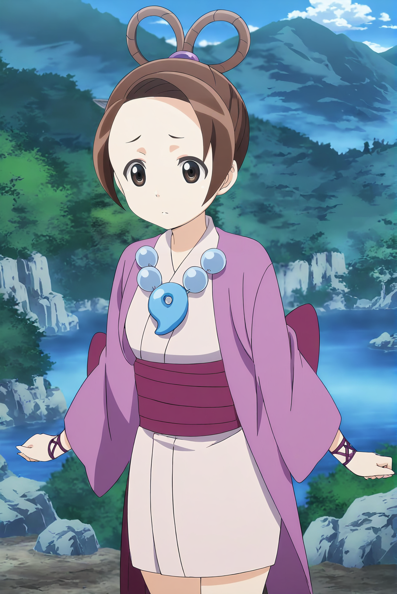 anime screencap,anime coloring,detailed face,masterpiece,best quality,very aesthetic,absurdres,amazing quality,ultra detailed,highres,amazing quality,scenery,beautiful detailed hair,beautiful detailed eyes,official anime artwork,<lora:Pearl Fey-IL V1:1>,Pearl Fey,1girl,japanese clothes,magatama,brown hair,necklace,kimono,jewelry,solo,hair rings,