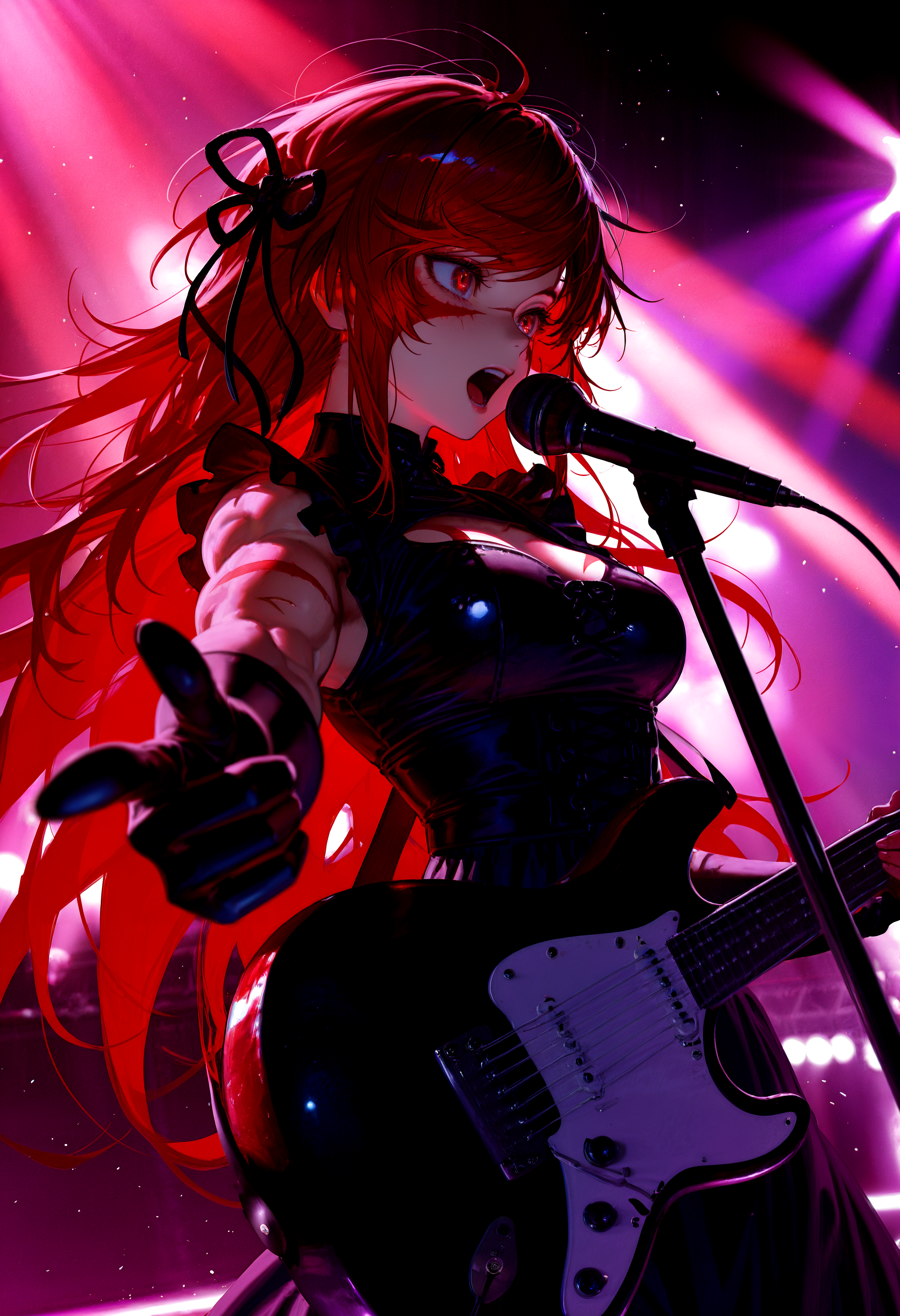 HDR, 8K, high contrast, masterpiece, best quality, amazing quality, very aesthetic, superabsurd res, high resolution, ultra-detailed, absurdres, newest, scenery, (horikoshi kouhei:0.3), (quasarcake:0.3), (wlop:0.3), light rays, dynamic angle, Tenkaichi_Fuma Kotaro, 1girl, curvy, toned, muscular female, red eyes, scar on face, very long hair, messy hair, red hair, multicolored hair, gradient hair, swept bangs, facepaint, bodypaint, biceps, muscular, body markings, breast tattoo, medium breasts, wide hips, goth fashion,maid, hair ribbon, playing instrument, electric guitar, singing, pointing at viewer, stage lights, (colorful), fog, neon lights, glow, neon signs, glowing, backlighting, partially illuminated, Intricately designed, Mysterious Shadows, BREAK, photorealistic, beautiful detailed eyes, detailed skin, detailed hair, volumetric lighting, dappled light, light particles, dramatic shadows, cinematic lighting, photo background, depth of field, <lora:IL\KMS_Tenkaichi_Fuma_Kotaro_IL-000013:0.75> <lora:IL\touching_grass_v0.2:1>