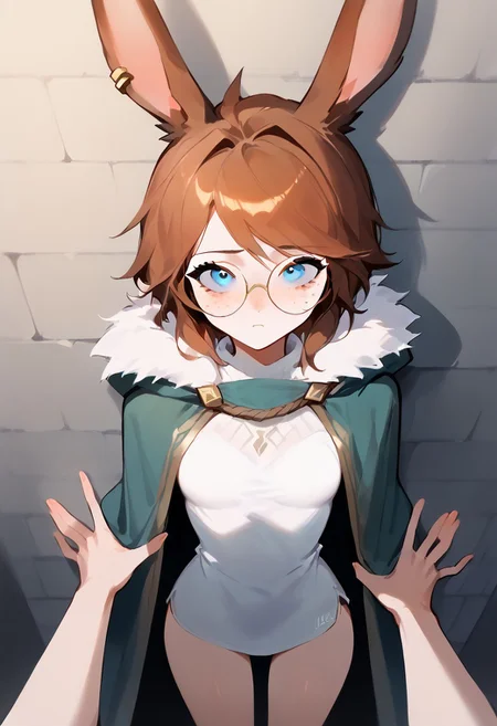 score_9, score_8, score_7_up solo BREAK
1girl, BREAK small breasts, seductive look,by yuio, <lora:yuio_style_PONYXL:1.3>,<lora:Mizah_style:1>,
BREAK TracerOv2,1girl,brown eyes,freckles,swept bangs,piercing,spiked hair,ear piercing,Pov against the wall, no sex, aurora (league of legends), 1girl, solo, blue eyes, rabbit ears, rabbit tail, round eyewear, green cloak, fur trim