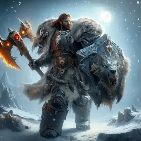 Space wolf warrior with beard is in winter landscape, he is a werewolf space marine, he has a semi-wolf head, he as heavy scars, he has his huge runic hammer in his hands, portrait style, viking, norse, beard, clad in ripped furs and pieces of old worn space wolf armor, carrying the skull of a dead monster in his hands, Black over black, top light, masterful painting in the style of Anders Zorn | Marco Mazzoni | Yuri Ivanovich, Todd McFarlane, oil on canvas
<lora:add-detail-xl:1> <lora:MJ52:0.5>